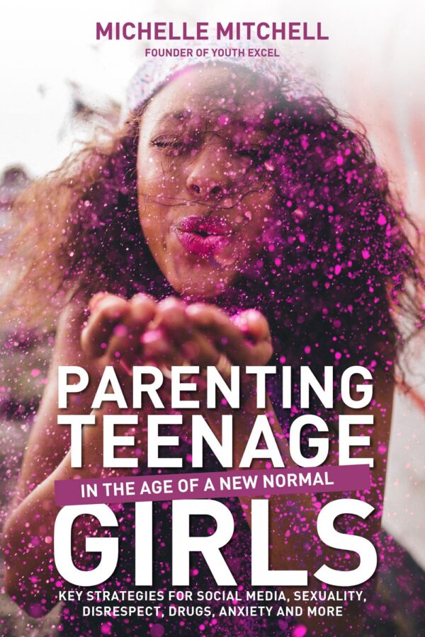 Cover of the book Parenting Girls in the Age of a New Normal. Has an image of a teen girl blowing a handful of purple glitter towards the camera.